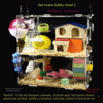 Cușcă acrilică pentru hamster, două etaje, vilă transparentă în formă de castel, rotundă, pentru interior, impermeabilă