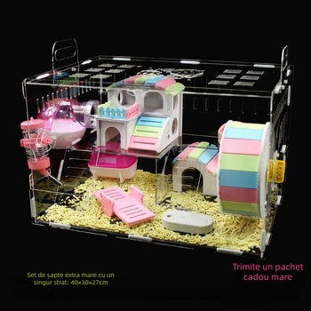 Cușcă acrilică pentru hamster, două etaje, vilă transparentă în formă de castel, rotundă, pentru interior, impermeabilă