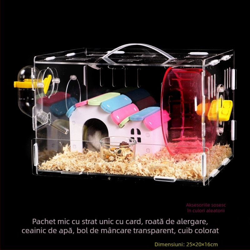 Cușcă acrilică pentru hamster, două etaje, vilă transparentă în formă de castel, rotundă, pentru interior, impermeabilă