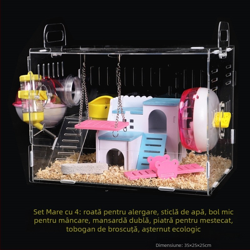 Cușcă acrilică pentru hamster, două etaje, vilă transparentă în formă de castel, rotundă, pentru interior, impermeabilă
