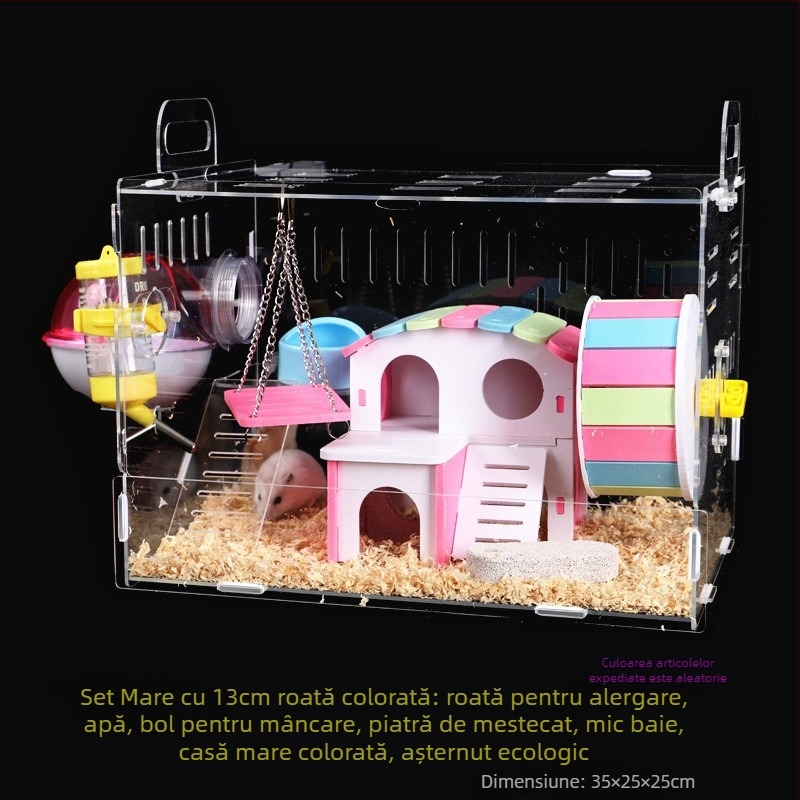 Cușcă acrilică pentru hamster, două etaje, vilă transparentă în formă de castel, rotundă, pentru interior, impermeabilă