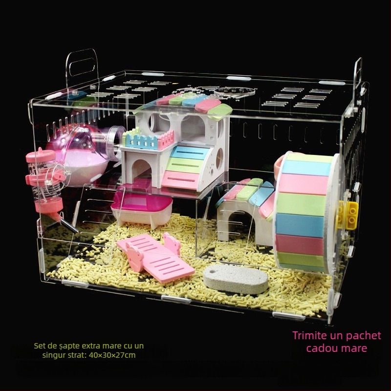 Cușcă acrilică pentru hamster, două etaje, vilă transparentă în formă de castel, rotundă, pentru interior, impermeabilă