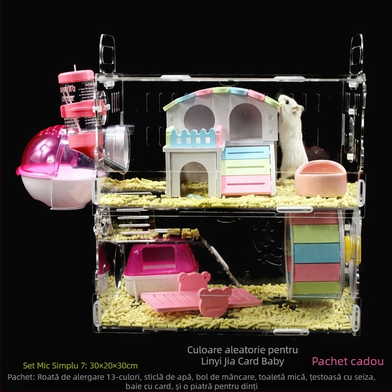 Cușcă acrilică pentru hamster, două etaje, vilă transparentă în formă de castel, rotundă, pentru interior, impermeabilă