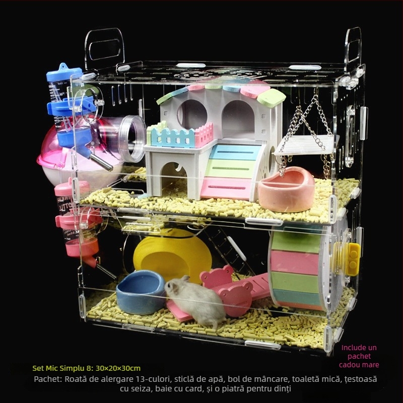 Cușcă acrilică pentru hamster, două etaje, vilă transparentă în formă de castel, rotundă, pentru interior, impermeabilă