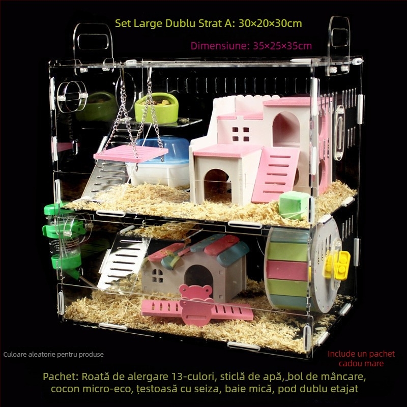 Cușcă acrilică pentru hamster, două etaje, vilă transparentă în formă de castel, rotundă, pentru interior, impermeabilă