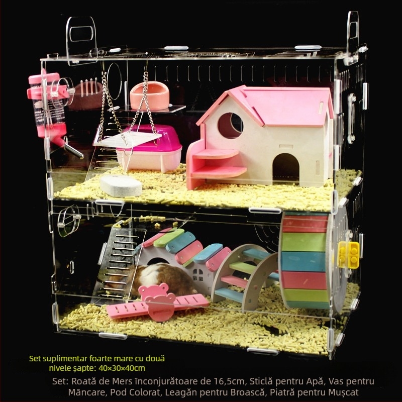 Cușcă acrilică pentru hamster, două etaje, vilă transparentă în formă de castel, rotundă, pentru interior, impermeabilă