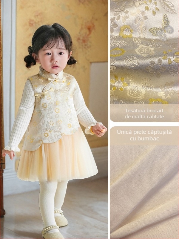 rochie pentru fetițe în stil chinezesc fără mâneci, satin, fustă tip A-line, imprimeu cu litere și buline, căptușeală din bumbac 100%