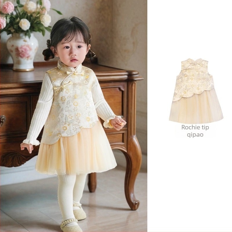 rochie pentru fetițe în stil chinezesc fără mâneci, satin, fustă tip A-line, imprimeu cu litere și buline, căptușeală din bumbac 100%