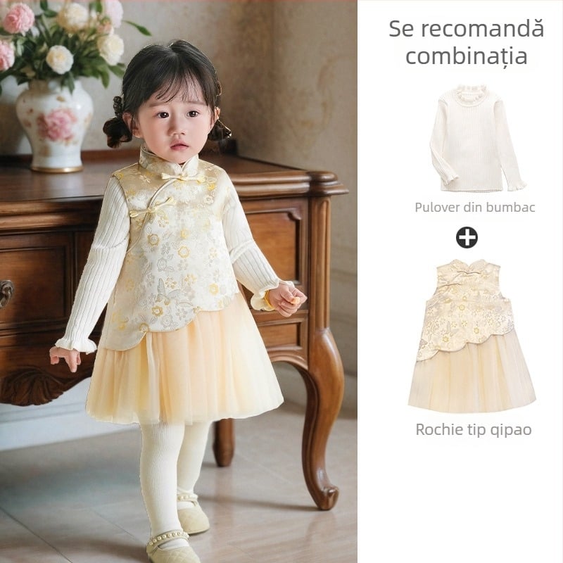 rochie pentru fetițe în stil chinezesc fără mâneci, satin, fustă tip A-line, imprimeu cu litere și buline, căptușeală din bumbac 100%