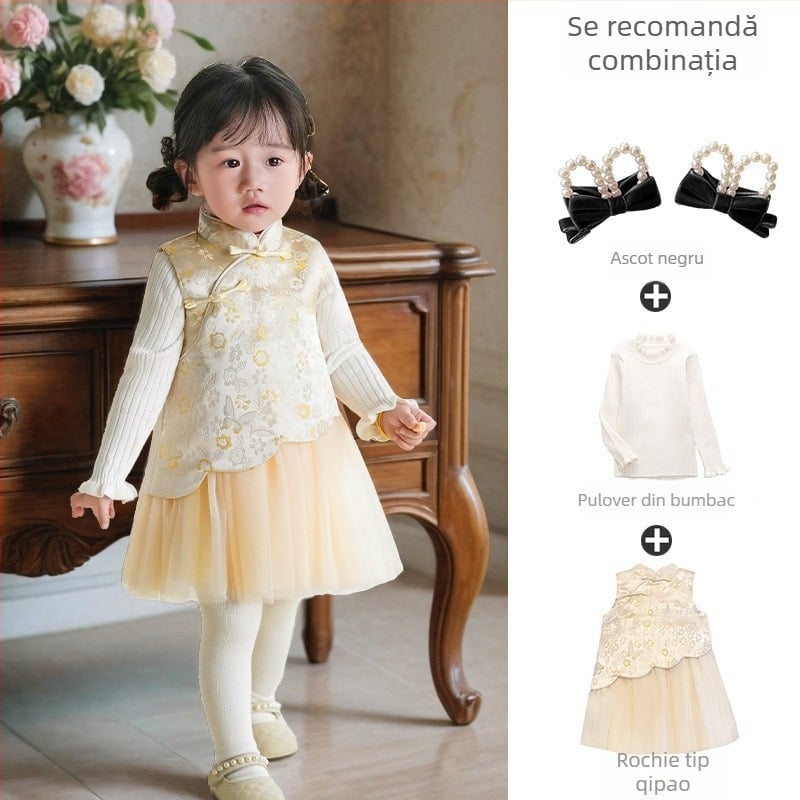 rochie pentru fetițe în stil chinezesc fără mâneci, satin, fustă tip A-line, imprimeu cu litere și buline, căptușeală din bumbac 100%