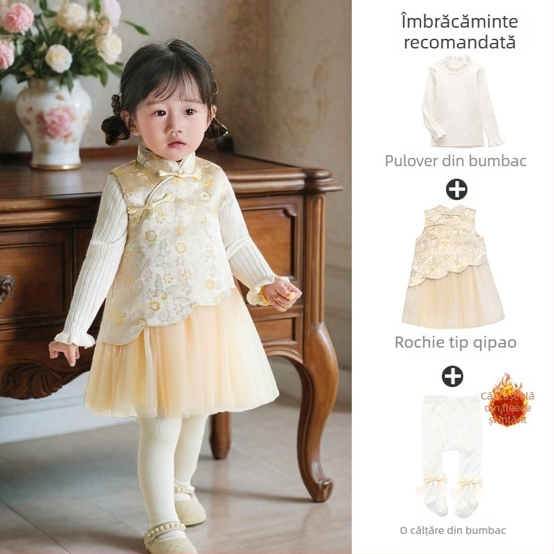 rochie pentru fetițe în stil chinezesc fără mâneci, satin, fustă tip A-line, imprimeu cu litere și buline, căptușeală din bumbac 100%