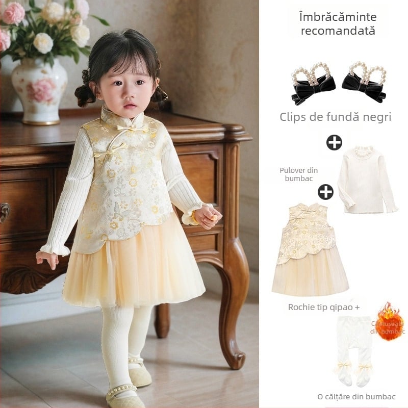 rochie pentru fetițe în stil chinezesc fără mâneci, satin, fustă tip A-line, imprimeu cu litere și buline, căptușeală din bumbac 100%