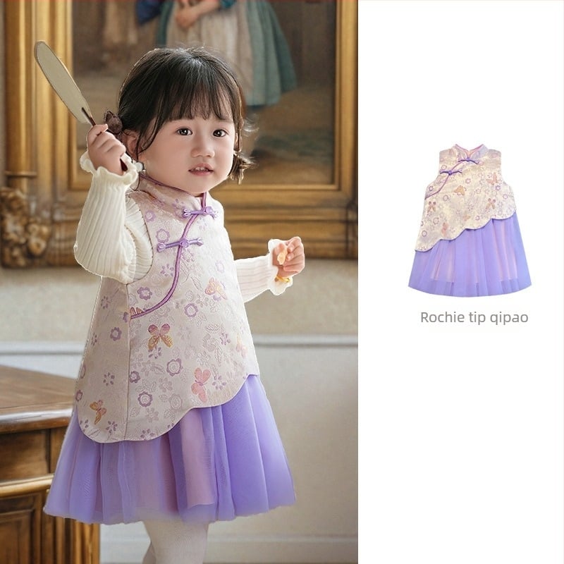 rochie pentru fetițe în stil chinezesc fără mâneci, satin, fustă tip A-line, imprimeu cu litere și buline, căptușeală din bumbac 100%