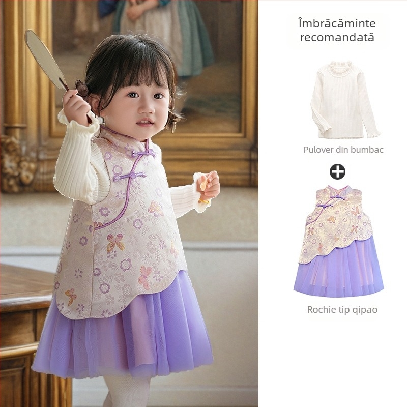 rochie pentru fetițe în stil chinezesc fără mâneci, satin, fustă tip A-line, imprimeu cu litere și buline, căptușeală din bumbac 100%