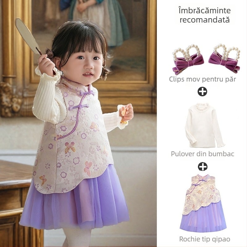 rochie pentru fetițe în stil chinezesc fără mâneci, satin, fustă tip A-line, imprimeu cu litere și buline, căptușeală din bumbac 100%