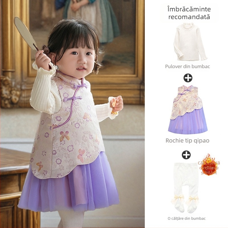 rochie pentru fetițe în stil chinezesc fără mâneci, satin, fustă tip A-line, imprimeu cu litere și buline, căptușeală din bumbac 100%