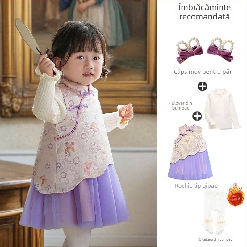 rochie pentru fetițe în stil chinezesc fără mâneci, satin, fustă tip A-line, imprimeu cu litere și buline, căptușeală din bumbac 100%