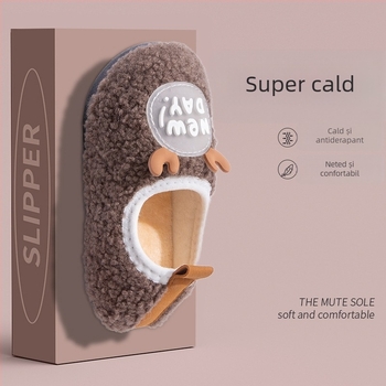 Papuci de casă din bumbac pentru copii, iarnă, cu model animale, partea superioară din bumbac, talpă din cauciuc, cu toc