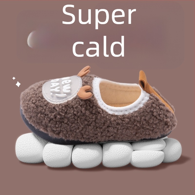 Papuci de casă din bumbac pentru copii, iarnă, cu model animale, partea superioară din bumbac, talpă din cauciuc, cu toc