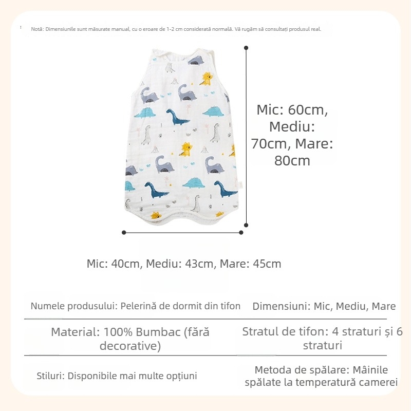 Sac de dormit pentru sugari și copii, model desen animat, stil vestă, toate sezoanele (Material: bumbac 100%; căptușeală: bumbac 100%; umplutură: bumbac 100%)