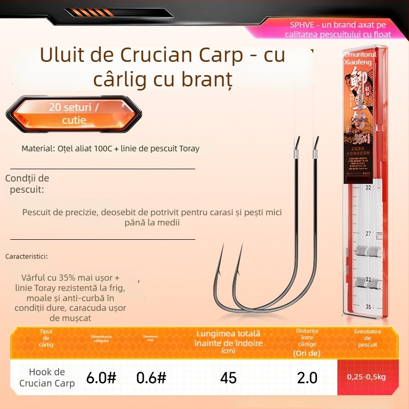 Little Fengxian Cârlig Dublu cu Linie Subțire pentru Pescuit în Râu, 20 Perechi în Cutie