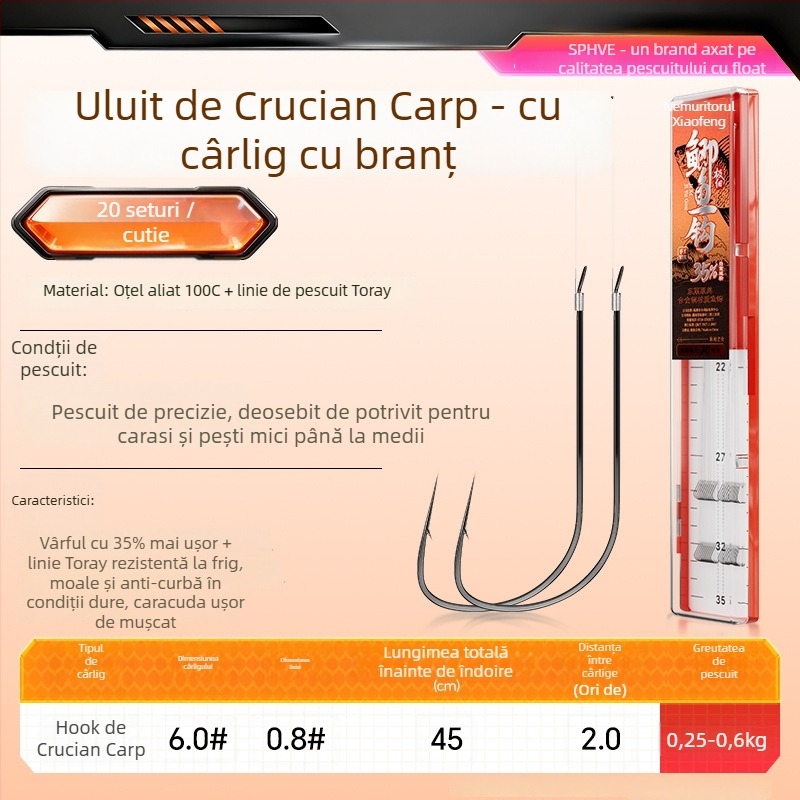 Little Fengxian Cârlig Dublu cu Linie Subțire pentru Pescuit în Râu, 20 Perechi în Cutie