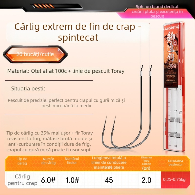 Little Fengxian Cârlig Dublu cu Linie Subțire pentru Pescuit în Râu, 20 Perechi în Cutie