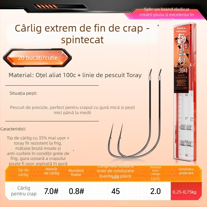 Little Fengxian Cârlig Dublu cu Linie Subțire pentru Pescuit în Râu, 20 Perechi în Cutie