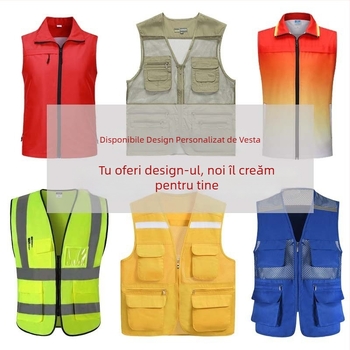 Vesta din bumbac cu decolteu în V pentru voluntari, 100% bumbac, logo personalizat brodat — îmbrăcaminte de lucru, fermoar, croi drept