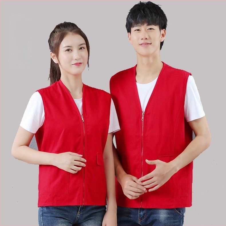 Vesta din bumbac cu decolteu în V pentru voluntari, 100% bumbac, logo personalizat brodat — îmbrăcaminte de lucru, fermoar, croi drept