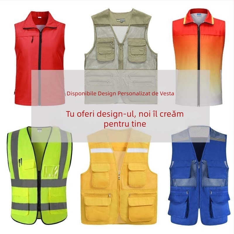 Vesta din bumbac cu decolteu în V pentru voluntari, 100% bumbac, logo personalizat brodat — îmbrăcaminte de lucru, fermoar, croi drept