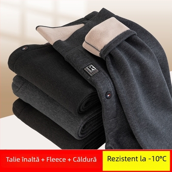 Pantaloni termici pentru bărbați cu căptușeală de fleece, talie înaltă, dublu strat, poliester
