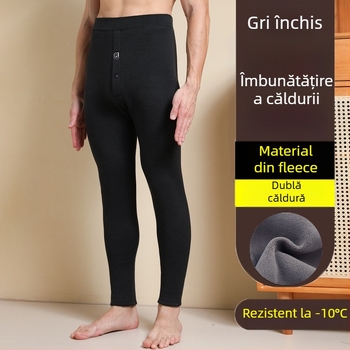 Pantaloni termici pentru bărbați cu căptușeală de fleece, talie înaltă, dublu strat, poliester