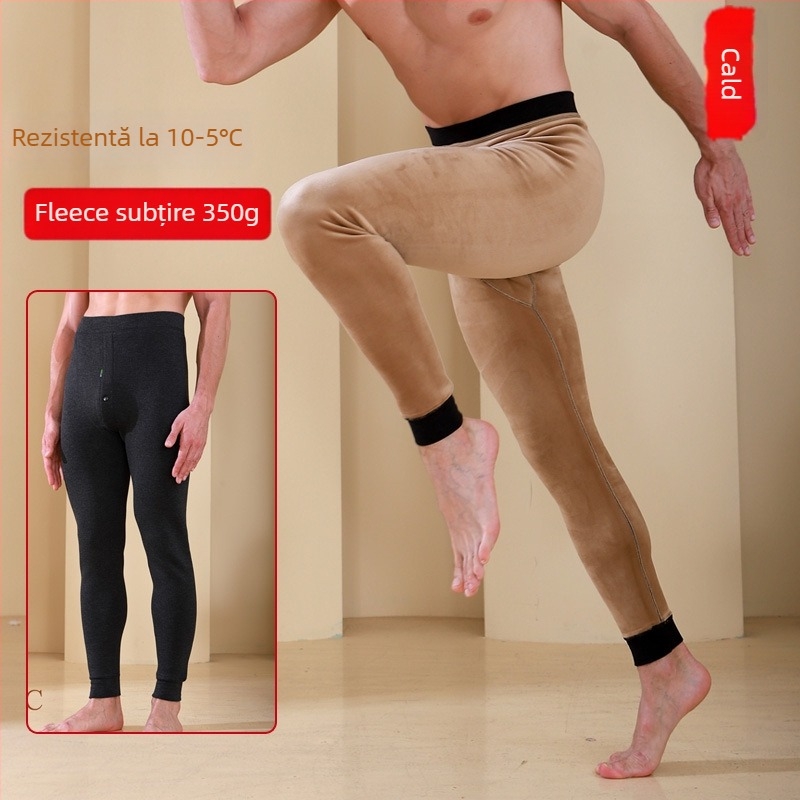 Pantaloni termici pentru bărbați cu căptușeală de fleece, talie înaltă, dublu strat, poliester