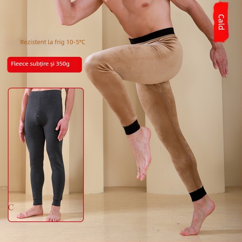 Pantaloni termici pentru bărbați cu căptușeală de fleece, talie înaltă, dublu strat, poliester