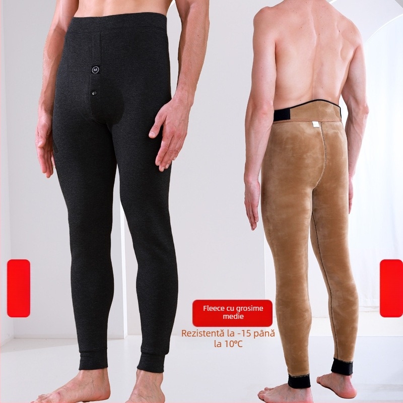 Pantaloni termici pentru bărbați cu căptușeală de fleece, talie înaltă, dublu strat, poliester