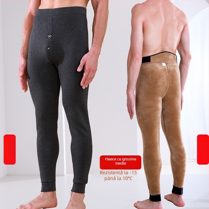 Pantaloni termici pentru bărbați cu căptușeală de fleece, talie înaltă, dublu strat, poliester