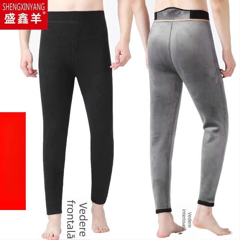 Pantaloni termici pentru bărbați cu căptușeală de fleece, talie înaltă, dublu strat, poliester