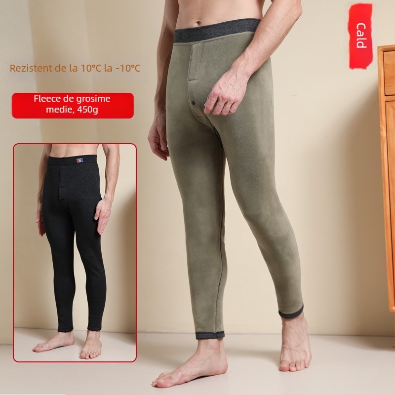 Pantaloni termici pentru bărbați cu căptușeală de fleece, talie înaltă, dublu strat, poliester