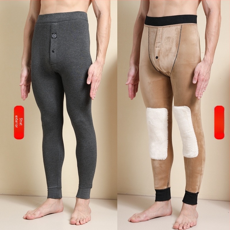 Pantaloni termici pentru bărbați cu căptușeală de fleece, talie înaltă, dublu strat, poliester