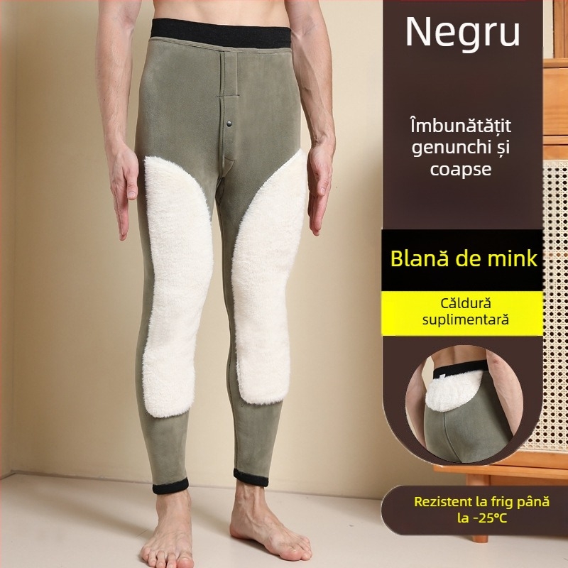 Pantaloni termici pentru bărbați cu căptușeală de fleece, talie înaltă, dublu strat, poliester