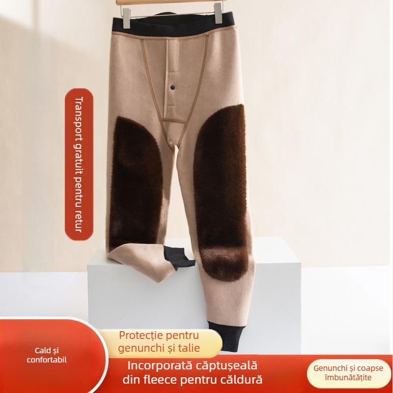 Pantaloni termici pentru bărbați cu căptușeală de fleece, talie înaltă, dublu strat, poliester