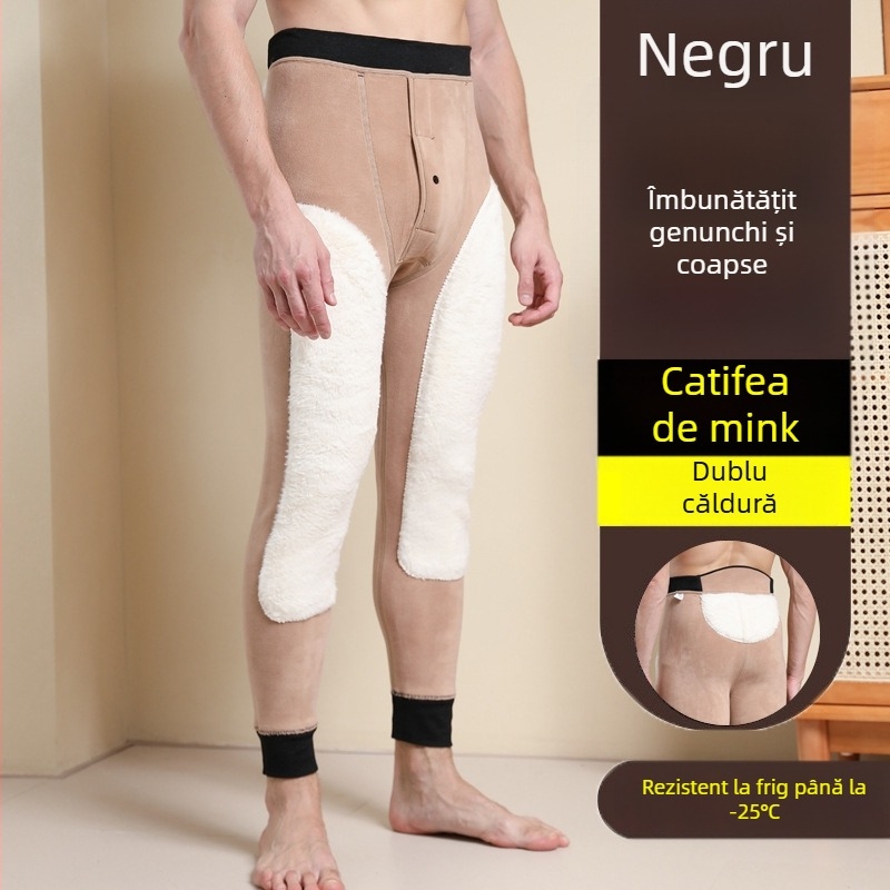 Pantaloni termici pentru bărbați cu căptușeală de fleece, talie înaltă, dublu strat, poliester