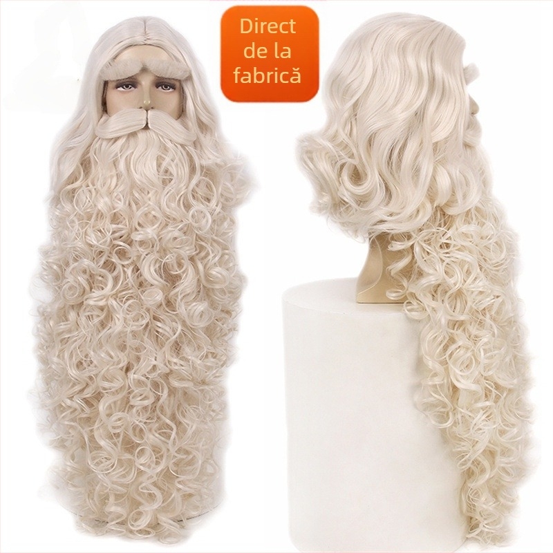 Perucă cosplay Moș Crăciun pentru bărbați cu barbă — model GF-W6144, păr din fir rezistent la temperatură înaltă, confecție țesută, stil Cos anime, coafură lungă și ondulată cu barbă