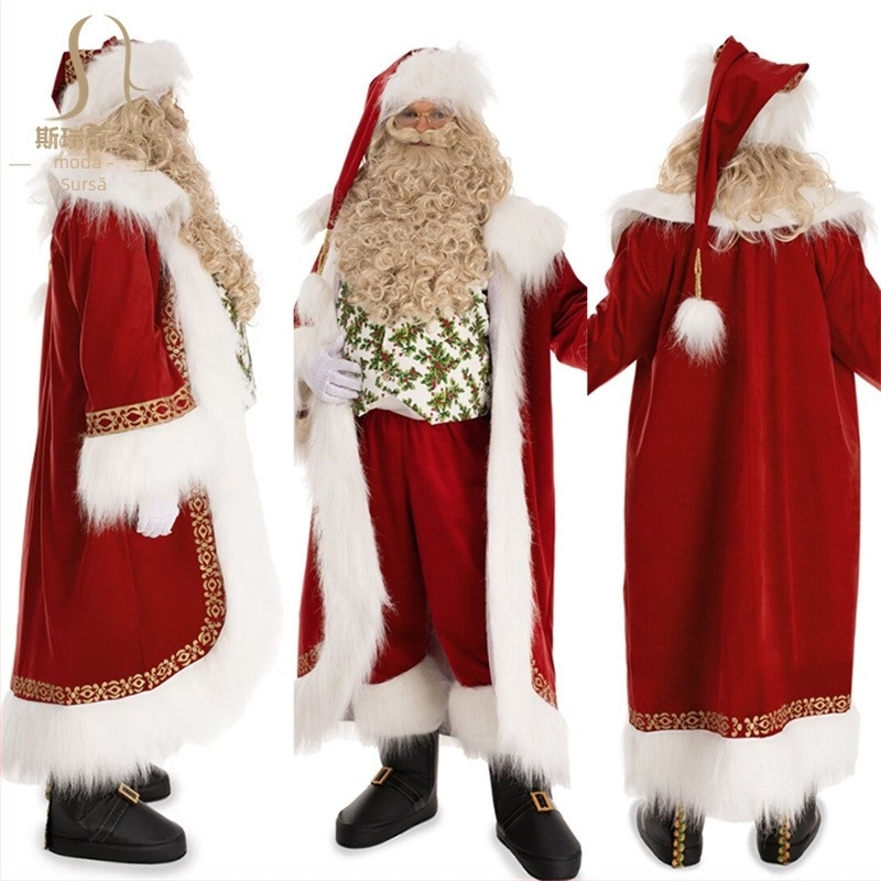 Perucă cosplay Moș Crăciun pentru bărbați cu barbă — model GF-W6144, păr din fir rezistent la temperatură înaltă, confecție țesută, stil Cos anime, coafură lungă și ondulată cu barbă