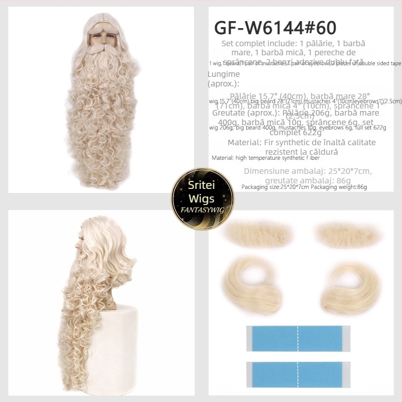 Perucă cosplay Moș Crăciun pentru bărbați cu barbă — model GF-W6144, păr din fir rezistent la temperatură înaltă, confecție țesută, stil Cos anime, coafură lungă și ondulată cu barbă