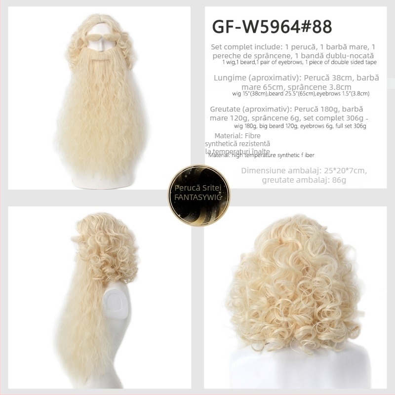 Perucă cosplay Moș Crăciun pentru bărbați cu barbă — model GF-W6144, păr din fir rezistent la temperatură înaltă, confecție țesută, stil Cos anime, coafură lungă și ondulată cu barbă