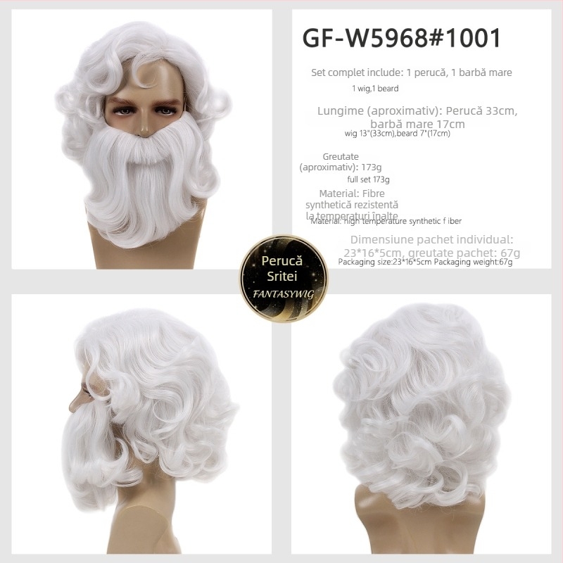 Perucă cosplay Moș Crăciun pentru bărbați cu barbă — model GF-W6144, păr din fir rezistent la temperatură înaltă, confecție țesută, stil Cos anime, coafură lungă și ondulată cu barbă