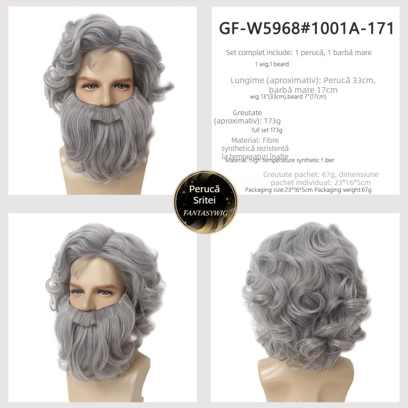 Perucă cosplay Moș Crăciun pentru bărbați cu barbă — model GF-W6144, păr din fir rezistent la temperatură înaltă, confecție țesută, stil Cos anime, coafură lungă și ondulată cu barbă