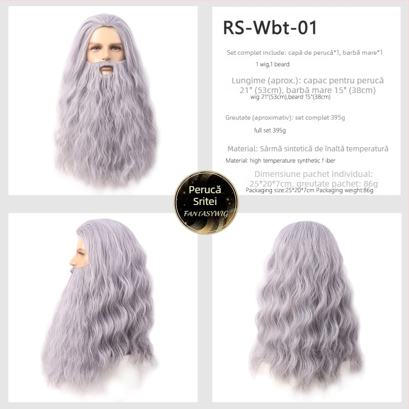 Perucă cosplay Moș Crăciun pentru bărbați cu barbă — model GF-W6144, păr din fir rezistent la temperatură înaltă, confecție țesută, stil Cos anime, coafură lungă și ondulată cu barbă